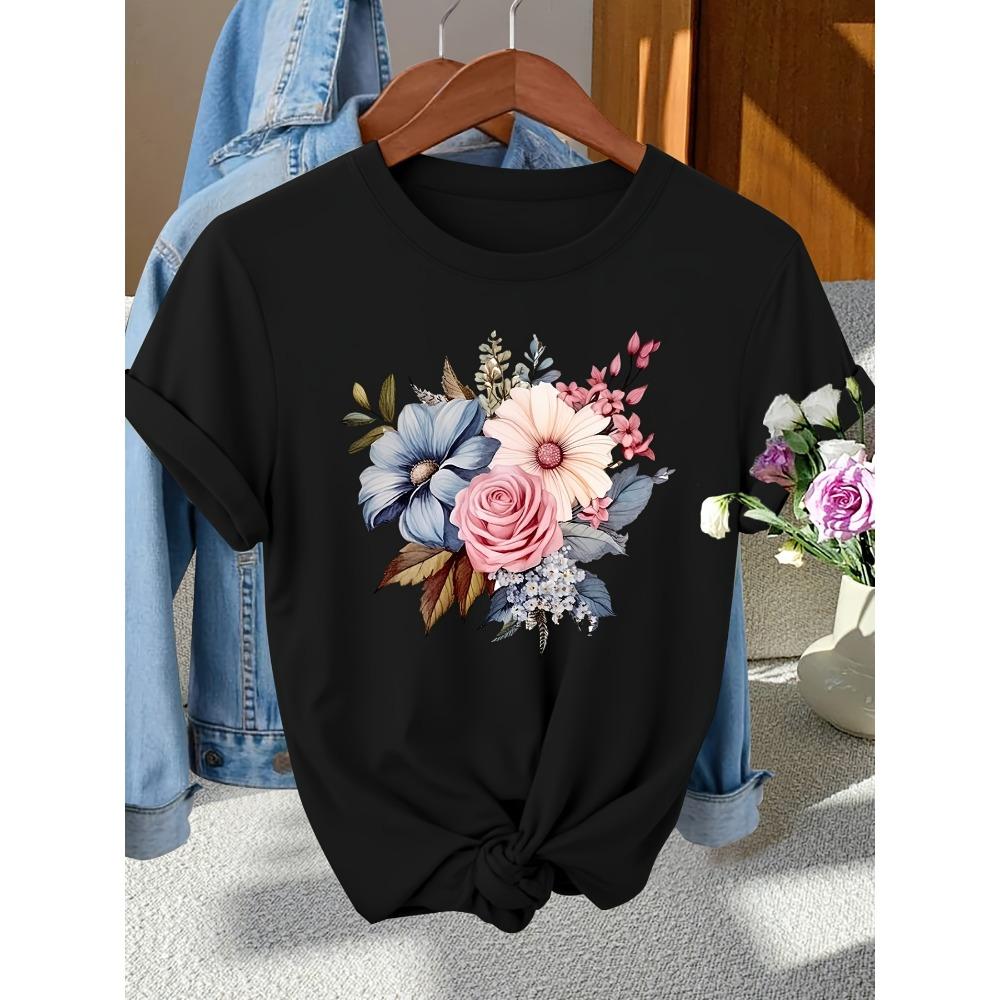 

Vintage Rose and Daisy Print Short Sleeve T-Shirt Blouse for Summer Short Sleeved Harajuku Streetwear Tops Aesthetic Clothes S