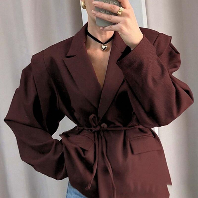 Damen Elegant Taille Gebunden Pendeln Schulterpolster Anzug Blazer Jacke