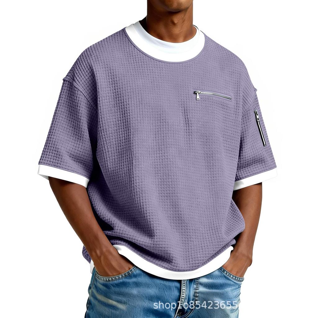 Simple Waffle-patterned Faux Two-piece Casual Short-sleeve T-shirt, Solid Color, New Men's Fashion, Color-blocking Top