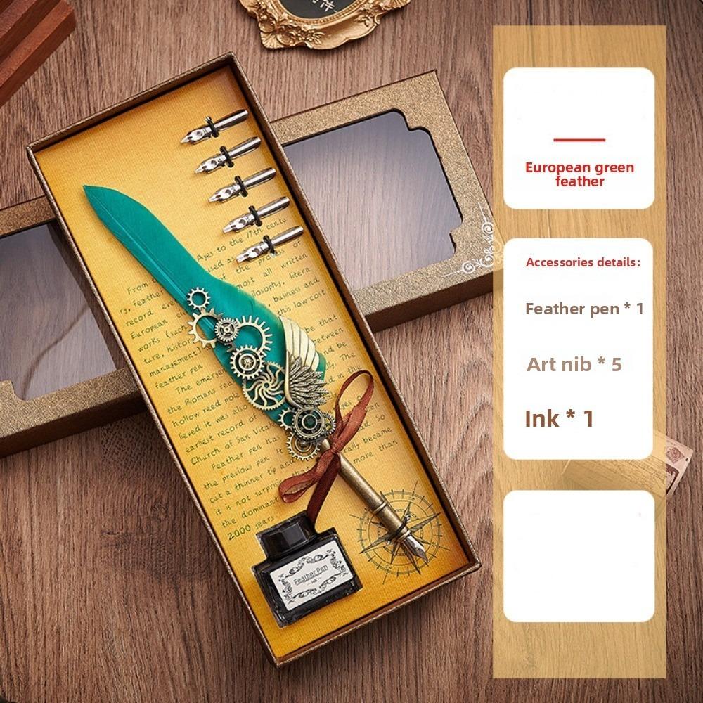 Replaceable 5 Nib Metal Signature Pen Retro Punk Feather Pen  Writing Accessories