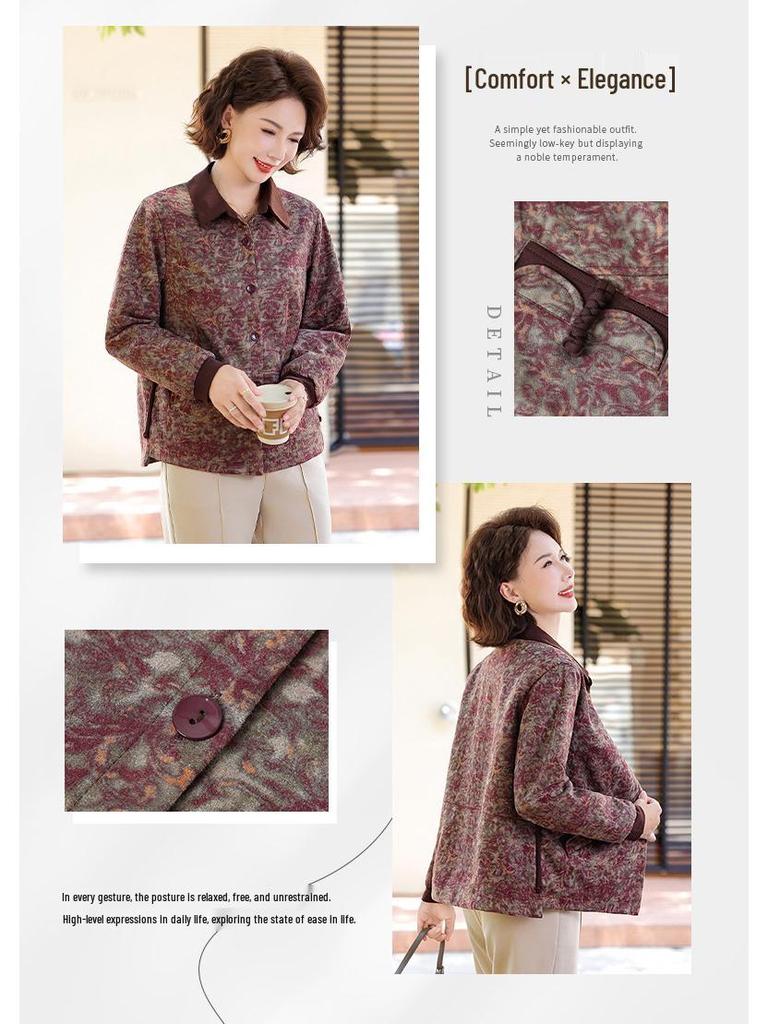2025 Autumn/Winter New Mom's Casual Print Loose Lapel Zipper Jacket for Middle-Aged and Elderly Women