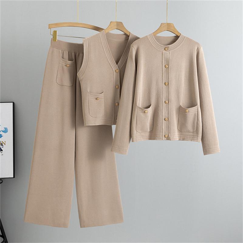 

Women s Autumn And Winter Wide Leg Pants Sweater Vest Three Piece Set Vest Knitted Cardigan Set One Size хакі