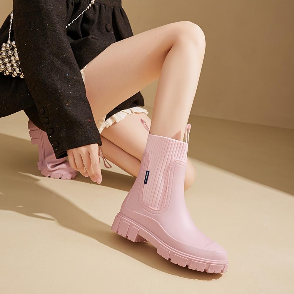Women'S Chelsea Rain Boots - Slip-Resistant Thick Sole, Round Toe, PVC Upper & Sole, Comfortable Fabric Inner & Insole, Versatile Outdoor Footwear