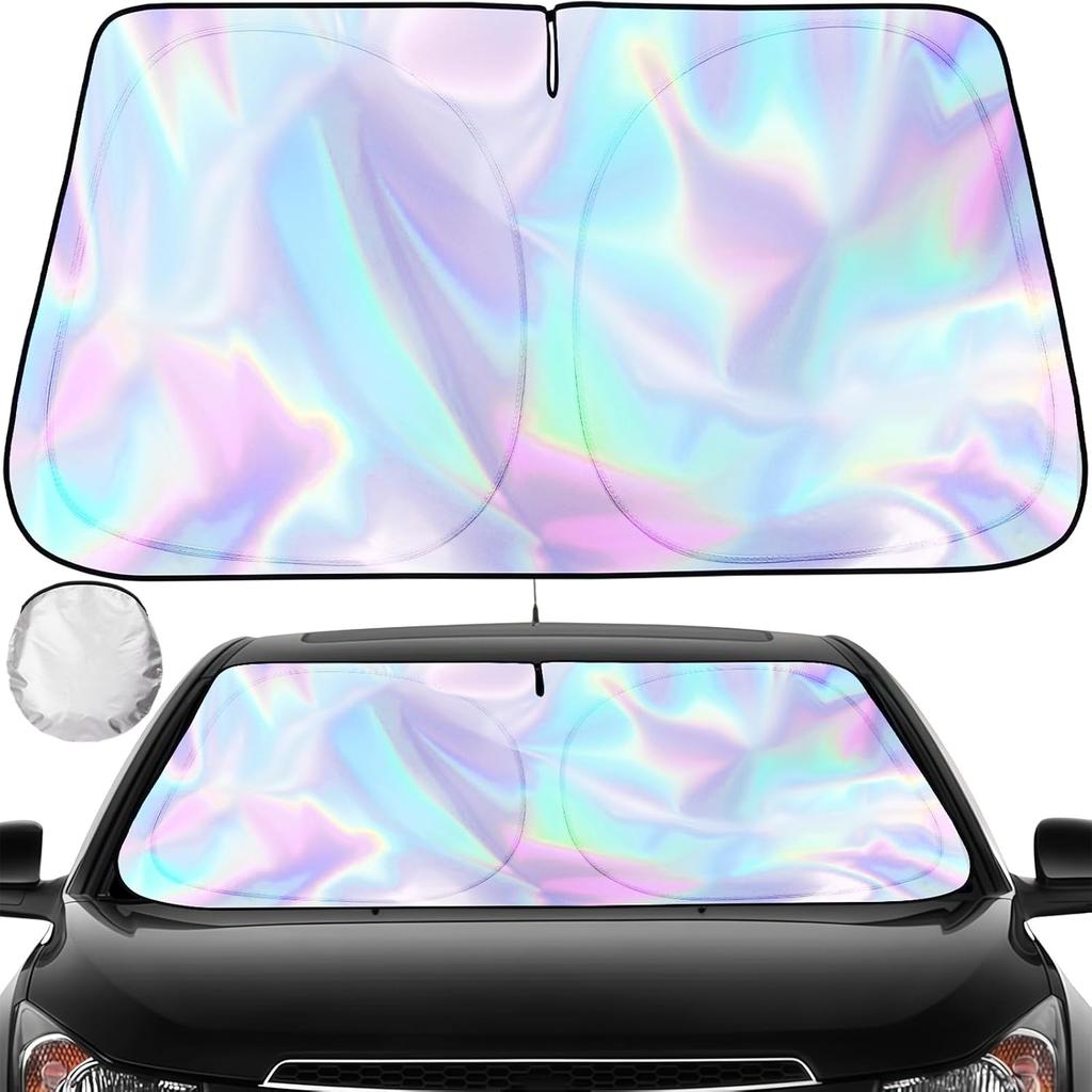 Iridescent Sun Shade for Car Windshield, Foldable Universal Car Windshield Upgrade Sunshade Enhanced UV Rays Reflective Sun Visor Shade Keeps Vehicle