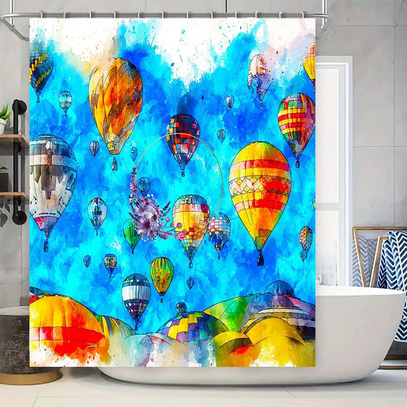 

Colorful Hot Air Balloon Shower Curtain Blue Background With Vibrant Prints For Bathrooms Decor Home Essentials. W60H190(CM)-1 Pcs