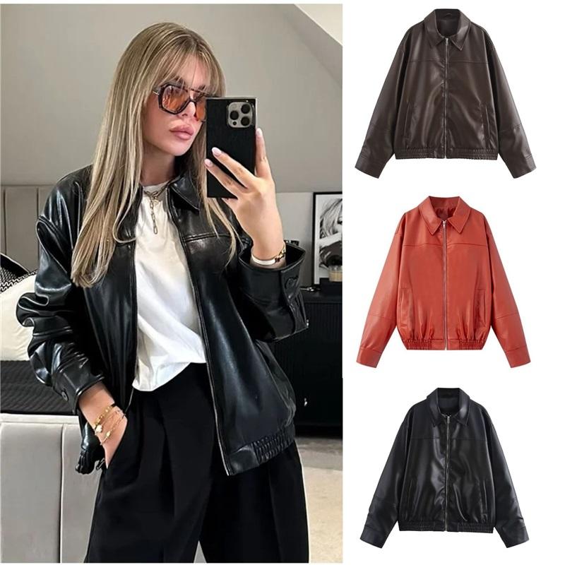Women Faux Leather Bomber Jacket Lapel Collar Zip Up Long Sleeve Loose Cropped Casual PU Biker Coat Autumn Winter