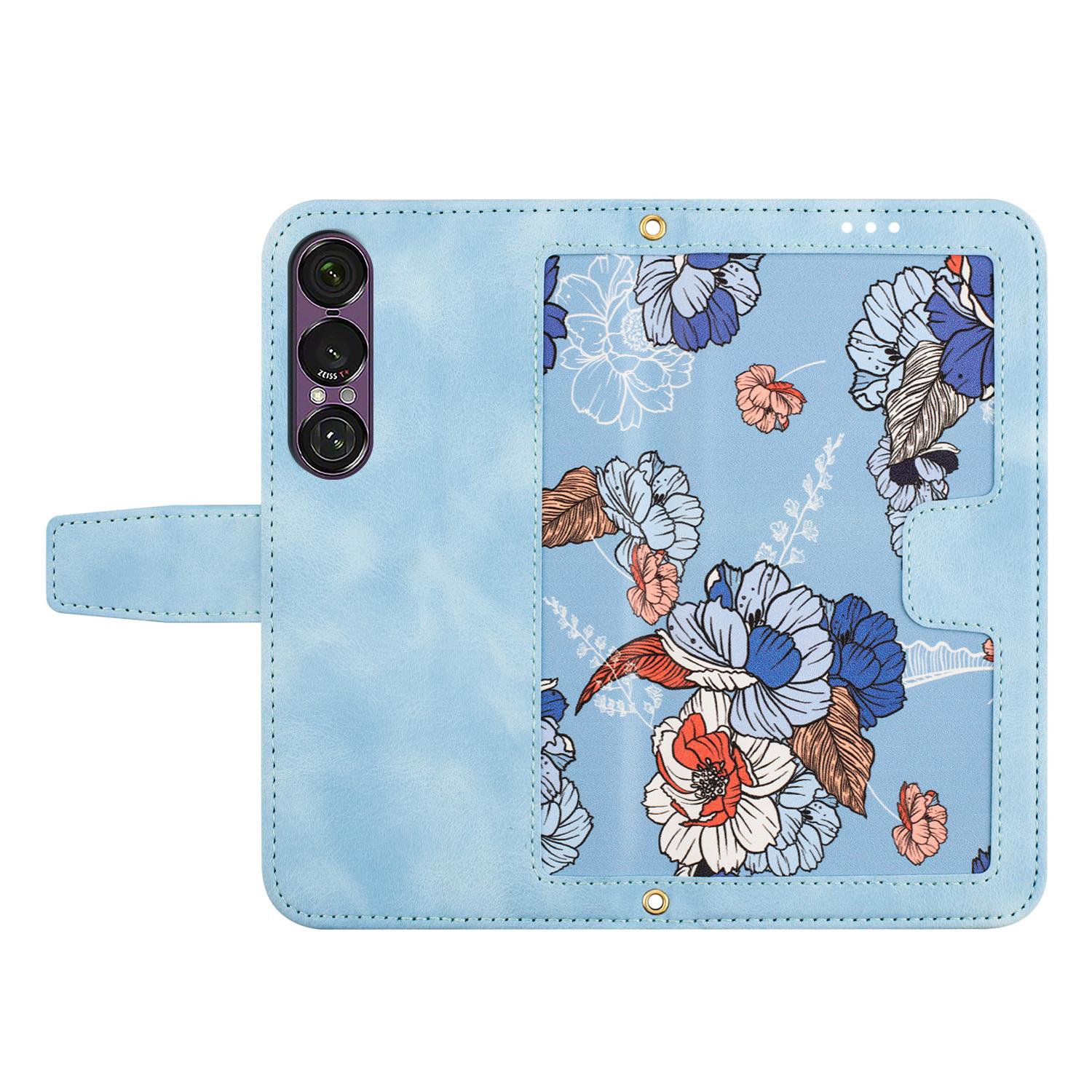 

For Sony Xperia 1 VII Case PU Leather Floral Phone Cover with Card Slots Dark Blue