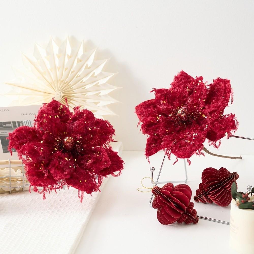 22CM Wine Red Artificial Poinsettia Flower Sequins Simulation Flowers  Christmas Decoration