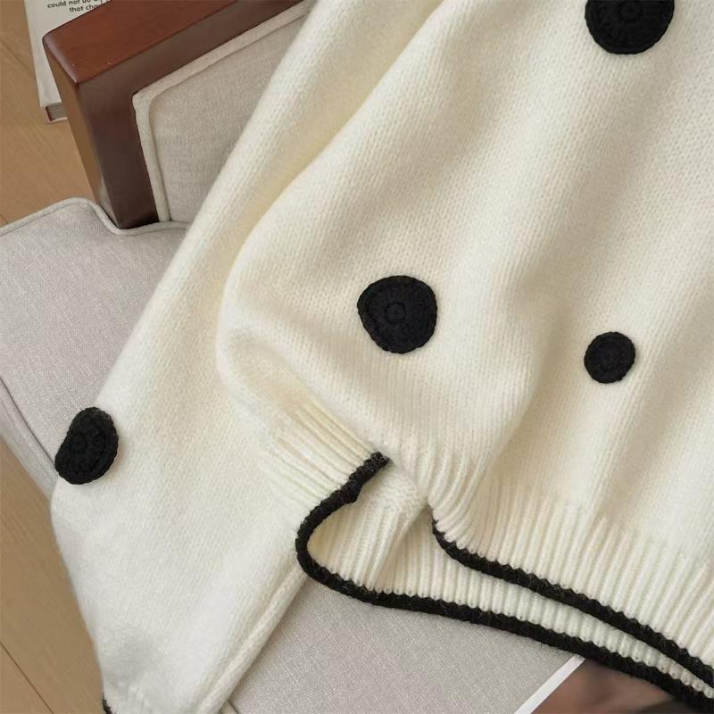 3D Polka Dot Embroidery Women's Knitted Sweater Korean Casual Lady Clothing Autumn Winter Round Neck Long Sleeved Top