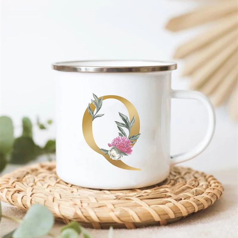 Letter Floral Print Vintage Enamel Mugs Creative Coffee Tea Cup Drink Dessert Milk Cups Handle Drinkware Wedding Bridesmaid Gift