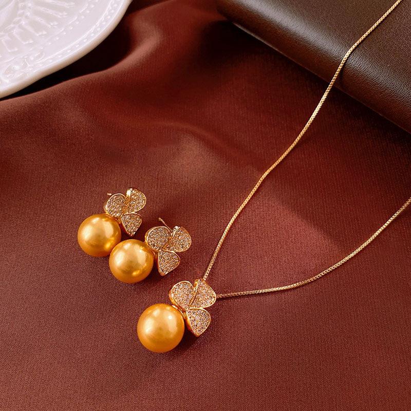 18k real gold electroplated retro zircon flower pearl necklace women's sweater chain light luxury necklace