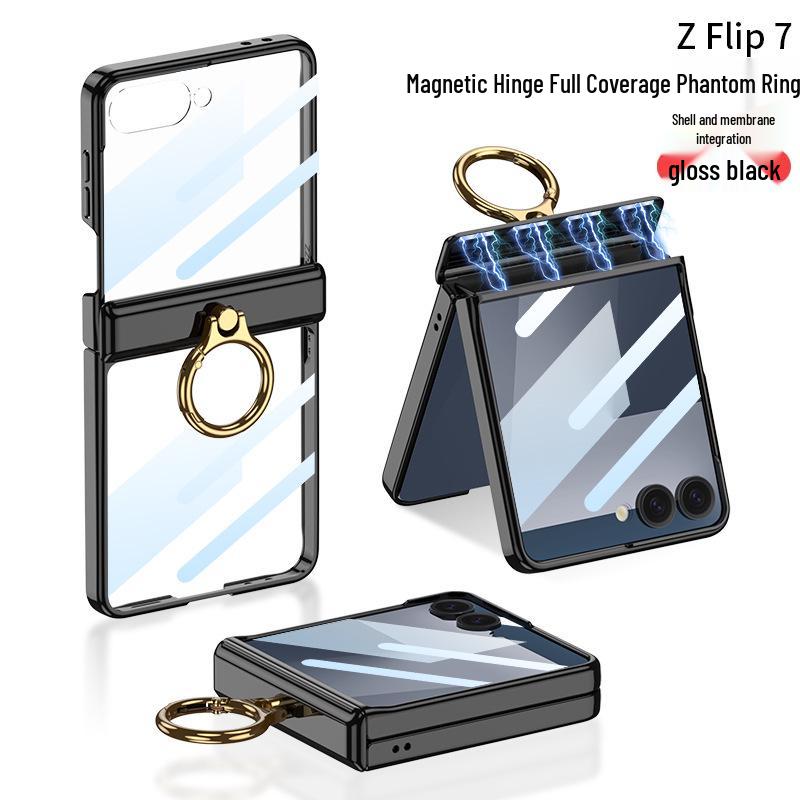Samsung Z Flip7 Transparent Phone Case with Integrated Ring Buckle and Full-Cover Hinged Hard Shell