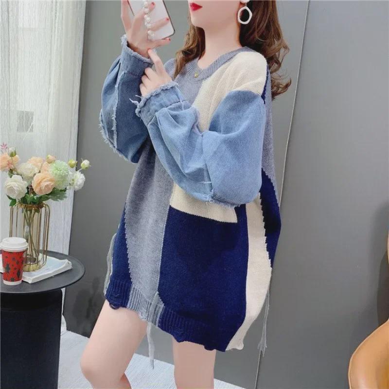 2024 Autumn/Winter Korean-Style Denim Splicing Loose Pullover Sweater for Women
