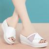Summer New Flip Flops Women's Thick-soled Lightweight Sandals Soft Leather Hollow Rhinestone Wedge High Heels for Outdoor Wear