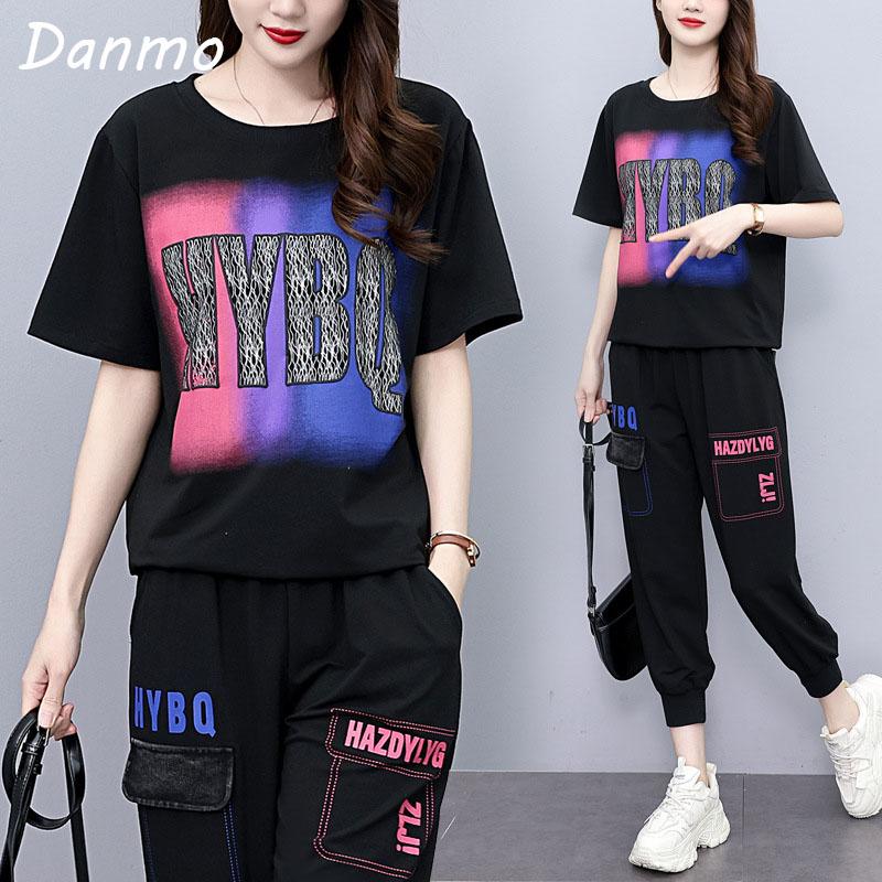 

Danmo повседневный спортивный костюм, летняя мода, свободная футболка с коротким рукавом + брюки, комплект из двух предметов для отдыха, большие размеры
