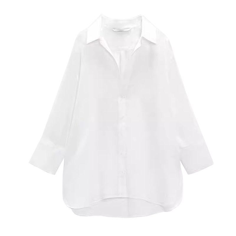 Women's Spring Clothing French Style Design Lapel Asymmetric Hem Linen Blended Shirt 4786126