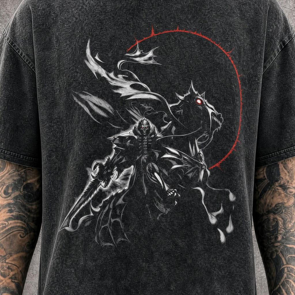 Berserk Guts Skull Knight Ride Mineral Washed Graphic Shirt | Heavyweight Oversized Tee | Vintage Streetwear