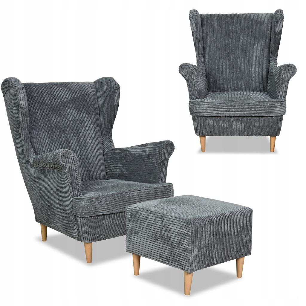 Fotel uszak Bonito podnóżkiem skandynawski Family Meble sztruks szary