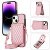 For iPhone 15 RFID Blocking Card Holder Phone Case Mirror Kickstand Imprinted PU Leather Coated TPU Cover with Shoulder Strap