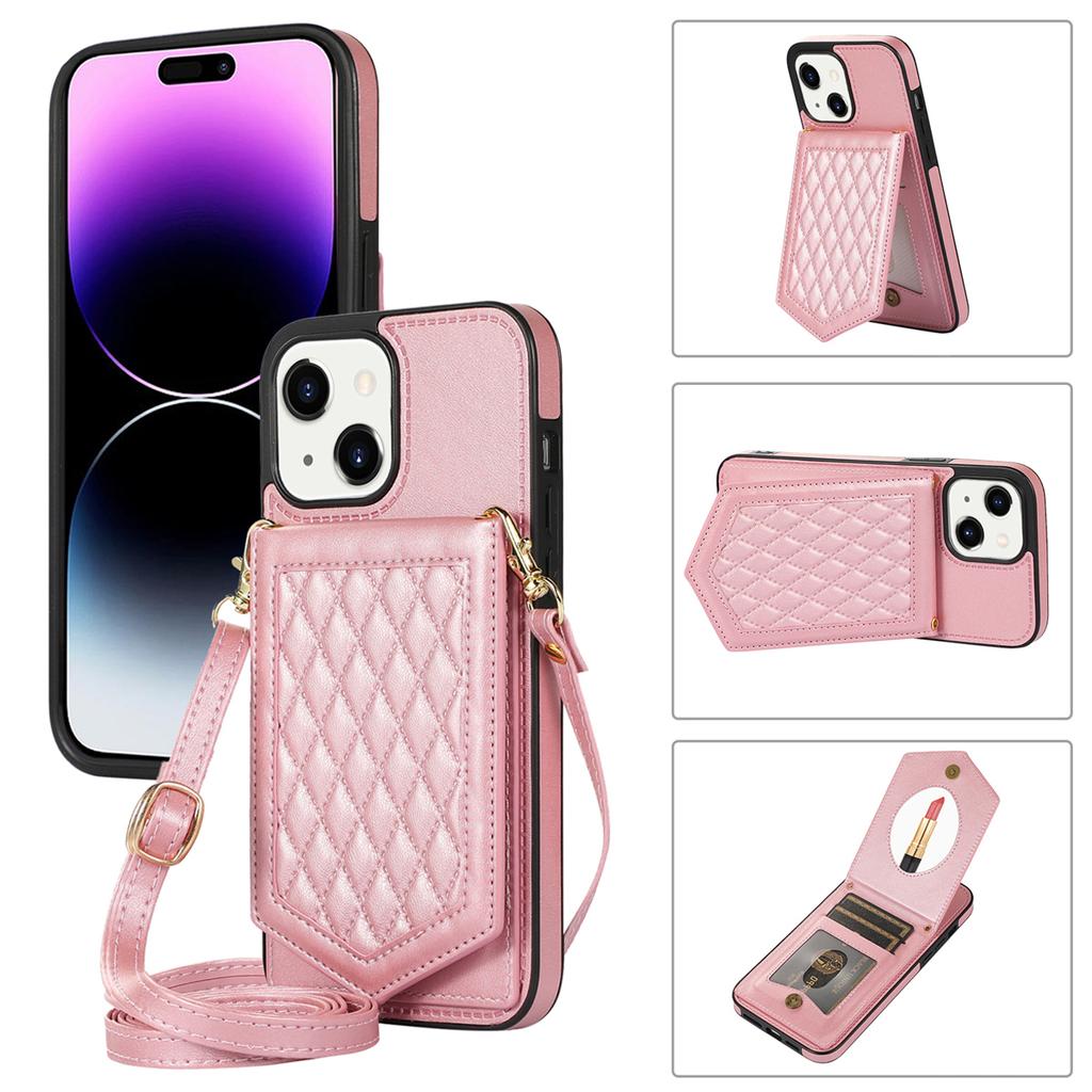 For iPhone 15 RFID Blocking Card Holder Phone Case Mirror Kickstand Imprinted PU Leather Coated TPU Cover with Shoulder Strap