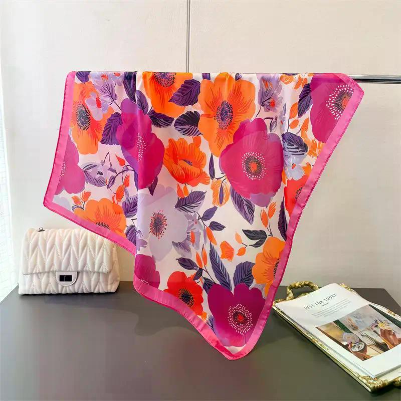Luxury Floral Printed Square Scarf For Women Imitation Silk Scarves Bandanas Hijab Neckerchief Elegant Shawl Wraps