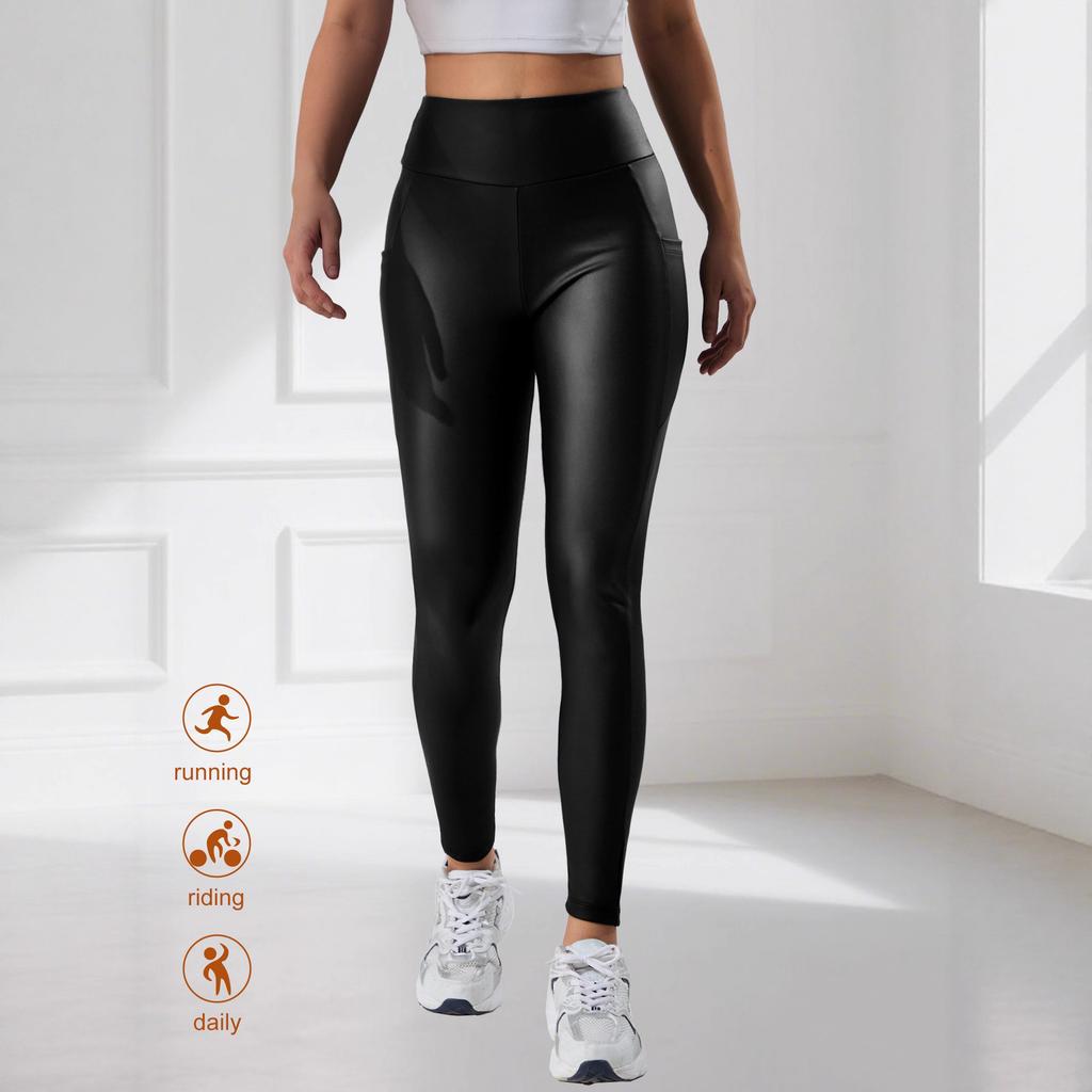 PU Lederhose High-waisted Tasche Yogahose Sport Fitness Laufleggings Nachtclub