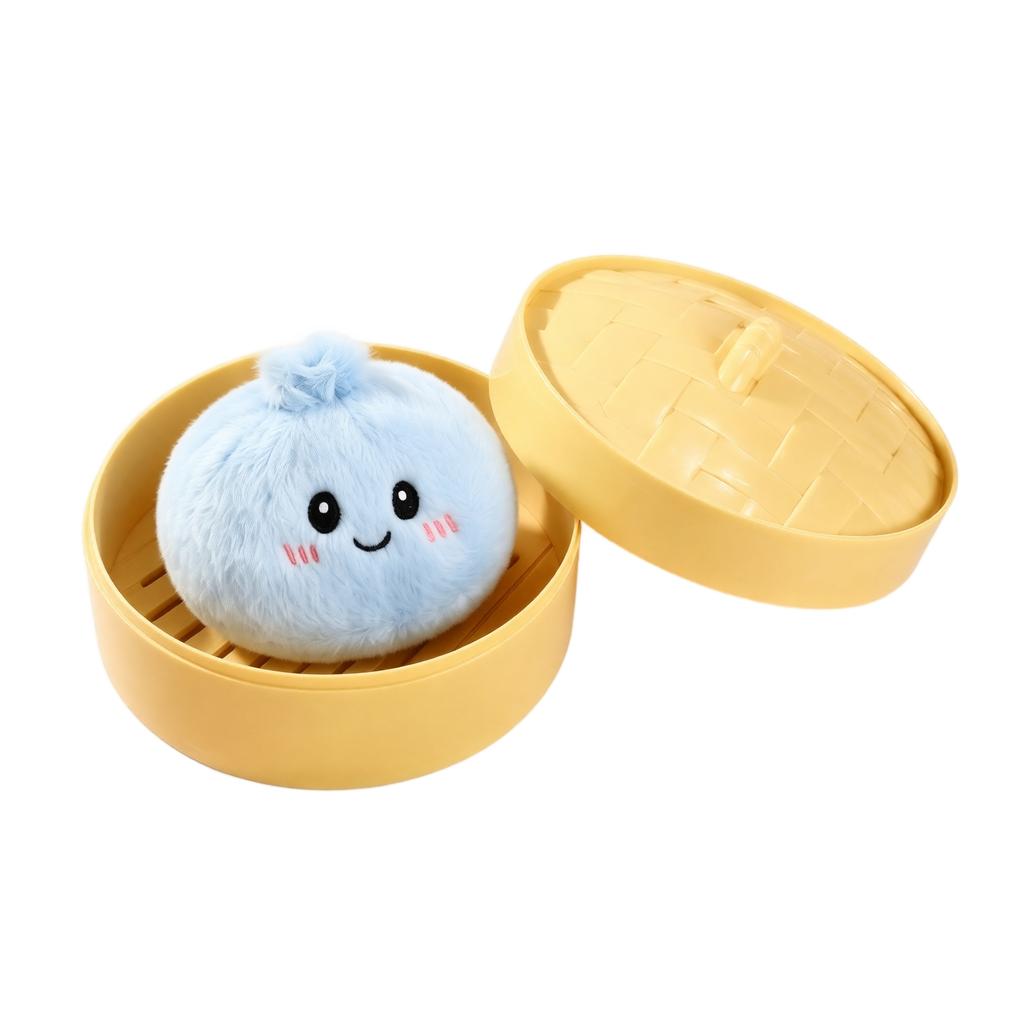 Plush Steamed Bun Keychain with Steamer Basket, Cute Soft Doll Toy for Bags and Keys