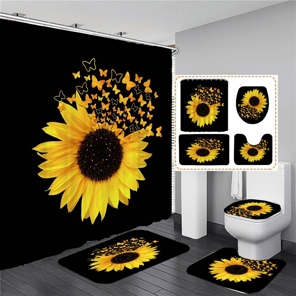 

Sunflower Black Shower Curtains Beautiful Flowers 3D Print Bathroom Curtain Set Toilet Cover Bath Mat Non-Slip Rug With 12 Hooks W60H190(CM)-1 Pcs