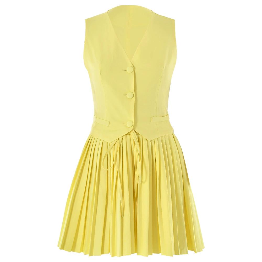 Summer Sexy Patchwork 2 Piece Set Women Elegant Single-breasted Tops + Pleated Mini Skirt Fashion Retro Solid Slim Office Lady Suits
