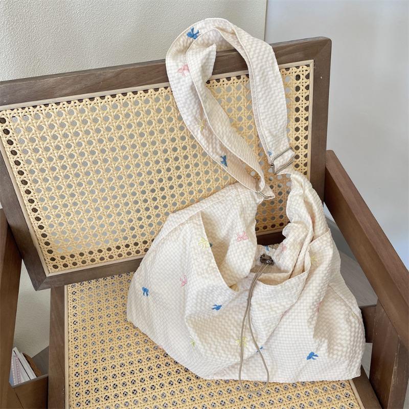 Spring and Summer New Fresh and Versatile Embroidered Bow Shoulder Bag Plaid Underarm Bag Lazy Canvas Bag