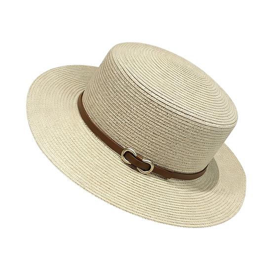 Panama Hat Women Men Faux Leather Buckle Straw Sun Hat French Style Flat-Top Style Wide Brim UV Protection Beach Hat
