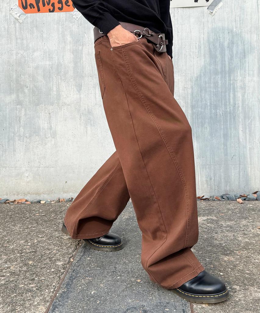 Jikeulib Brushed Brown Curved Cut-Line Wide Cotton Pants