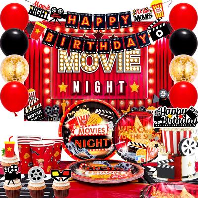 Movie Night Birthday Party Decorations,Movie Night Party Decorations and Tableware Plates Tablecloth Napkins Balloons Banner Etc