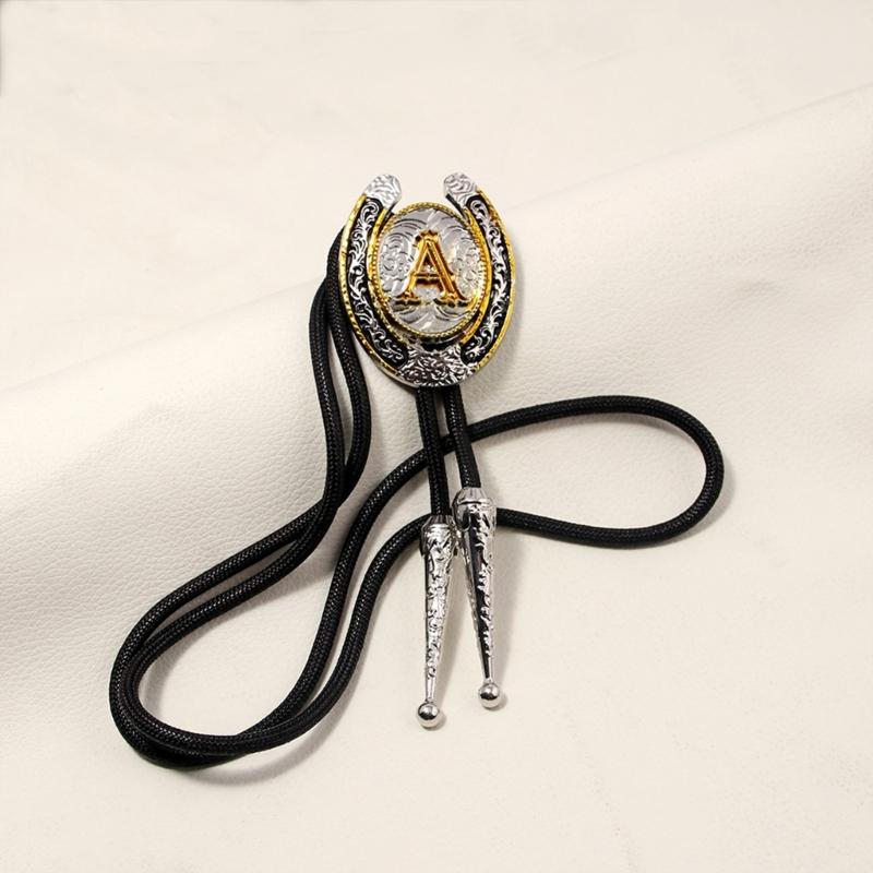 Unisex Adjustable Faux Leather Rope Bolo Tie with Metal Initial Letter Pendant Western Necklace Vintage Necktie Neckwear