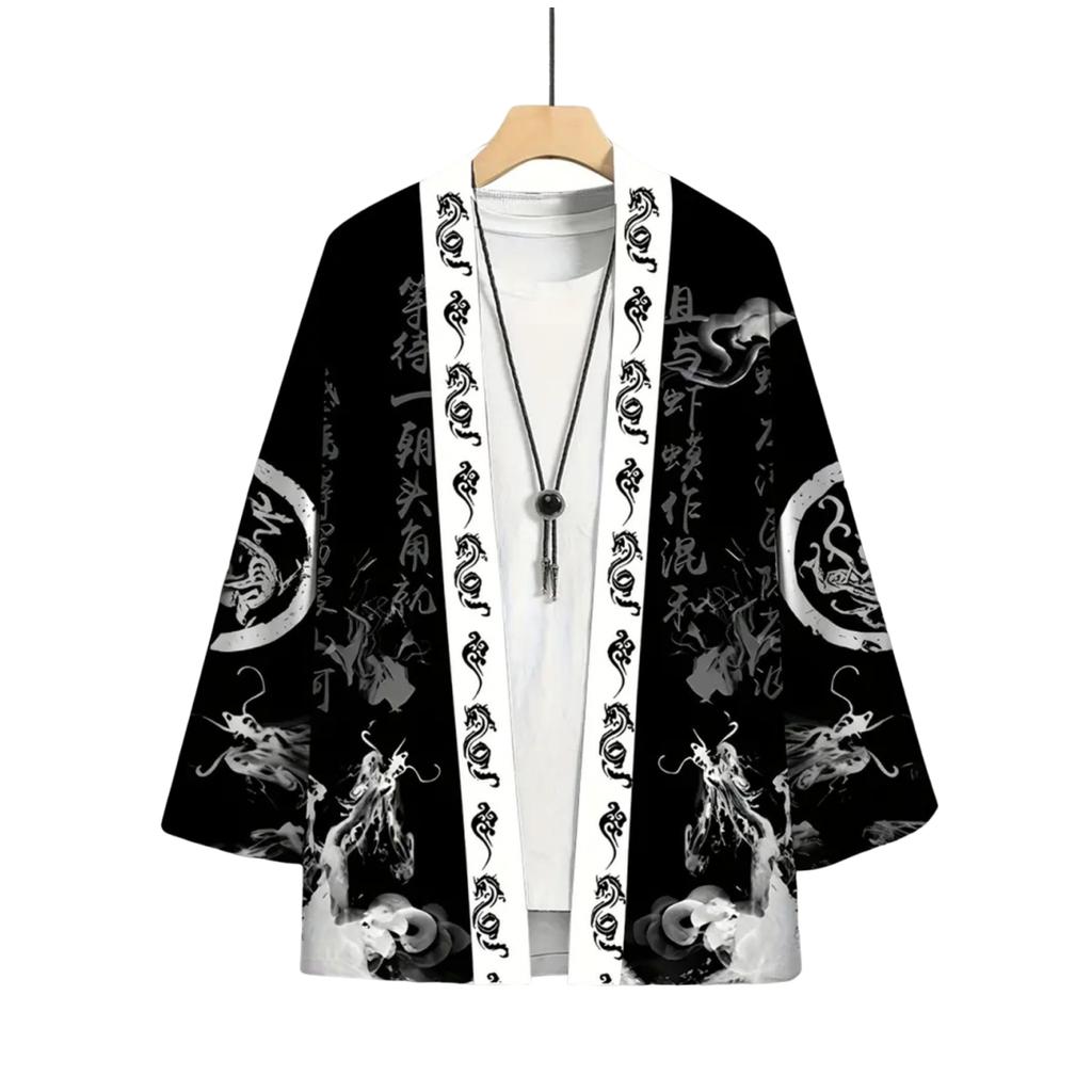 Men Japanese Kimono Black White Dragon and Cloud Pattern Open Front Cardigan Traditional Asian Streetwear Casual Haori for Summe