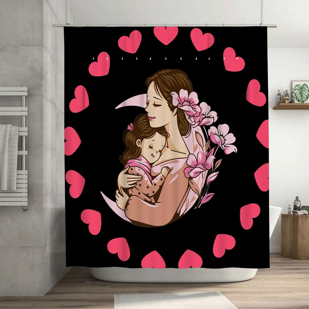 Mother and Child with Hearts Waterproof Shower Curtain for Bathroom Decor, High-Quality Material and Easy to Clean