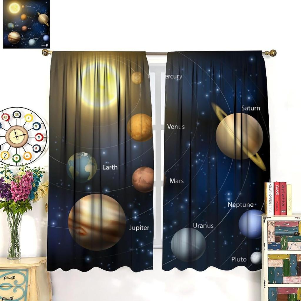 Solar System Window Curtains, Outer Space Space Astronaut Galaxy Window Treatments for Kids Boys Girls Bedroom Living Room