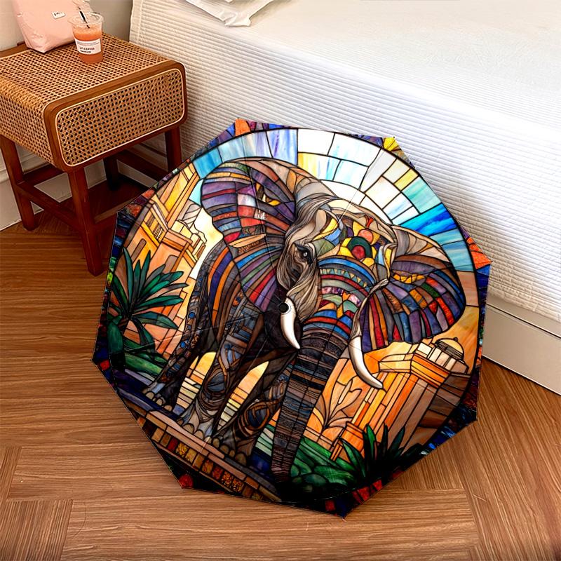 0106 Parasol automatycznie składany, wzór Słoń w oknie szklanym, przenośny i składany design, 8 żeber, prezent na Boże Narodzenie lub urodziny.