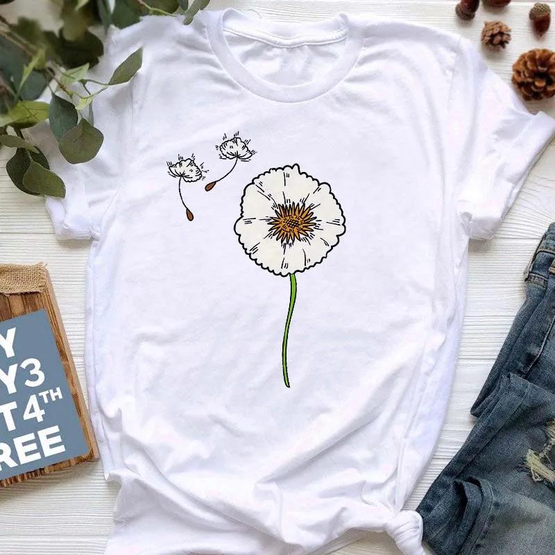 New Summer  Dandelion Butterfly Print Women Tshirt Casual White and Black T-shirt Funny T Shirt Gift for Lady Young Girl Tops
