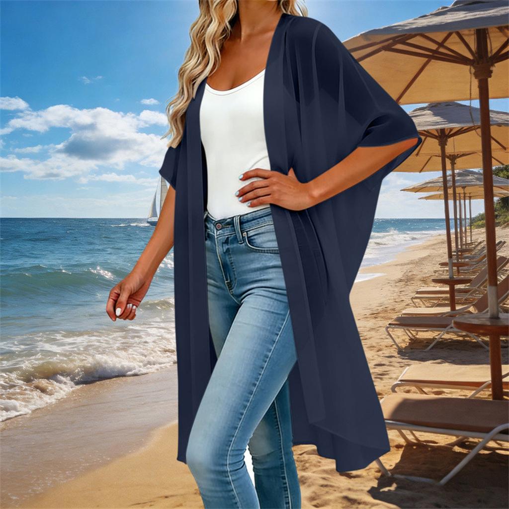 Damen Lockere Passform Offene Vorderseite Kurze Ärmel Strickjacke Leichte Chiffonbluse Lässiges Layering-Oberteil für Sommer Frühling