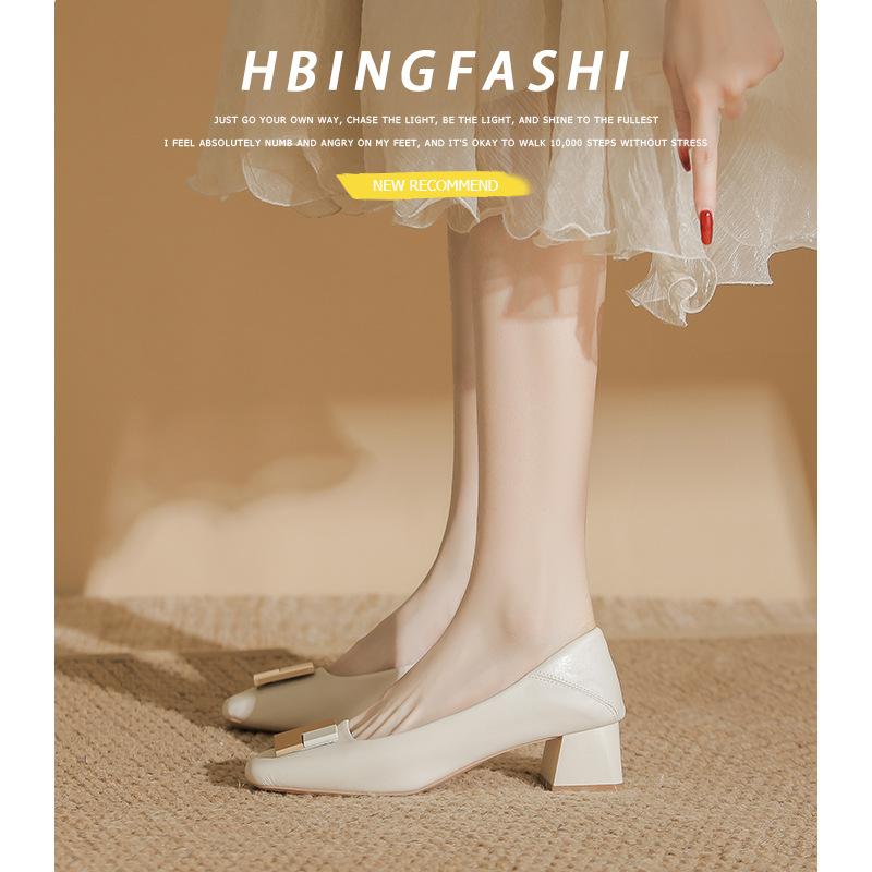Cowhide~ Genuine leather niche design temperament versatile commuting light mouth high heels thick heel square head single shoes professional 33