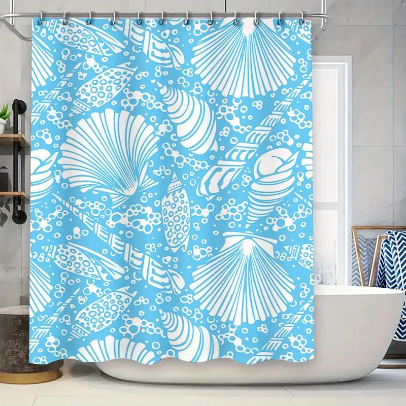 Modern Blue Shell Pattern Shower Curtain Waterproof Fabric for Bathrooms Decor in Home Garden
