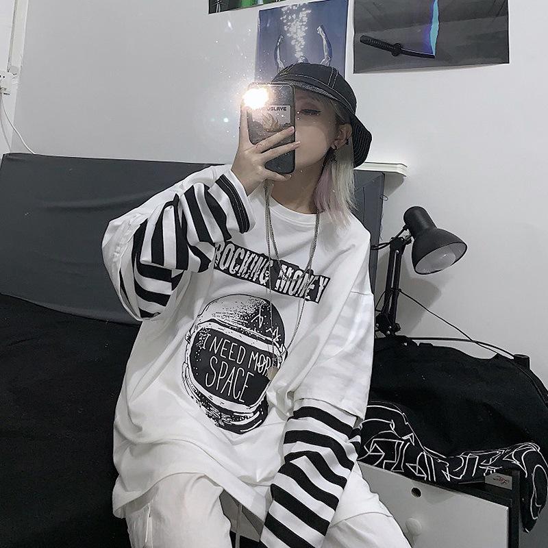 

Осенняя женская футболка из двух предметов с принтом, топ с длинными рукавами, винтажный принт, две свободные футболки с длинными рукавами, топы XXL белый