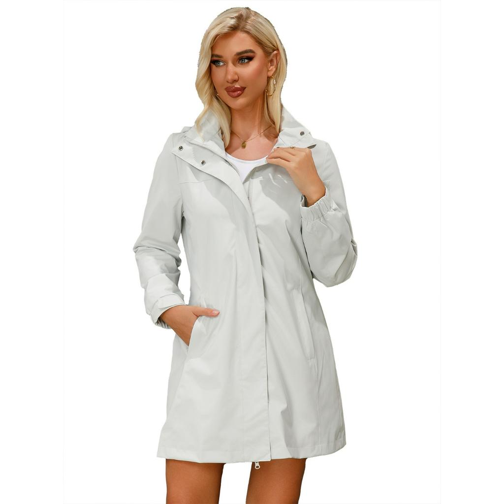 Spring and Autumn Detachable Hat Water Repellent Windbreaker Women's Solid Color Long-sleeved Thin Jacket Casual Women's Clothing