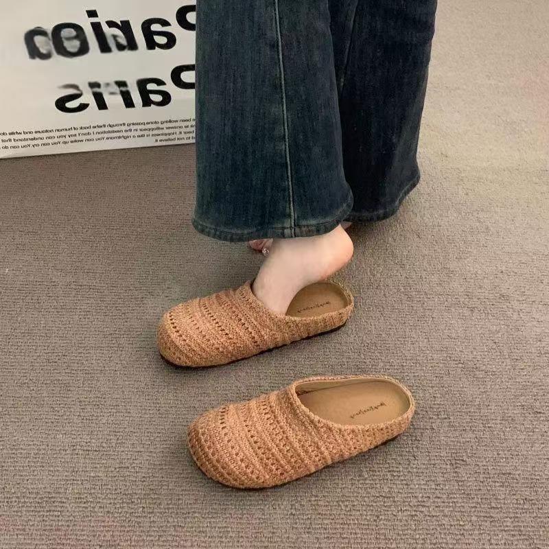 Spring New Hollow Woven Bag Head Half Slippers Women's Wear Versatile Casual Flat Women's Shoes Drag