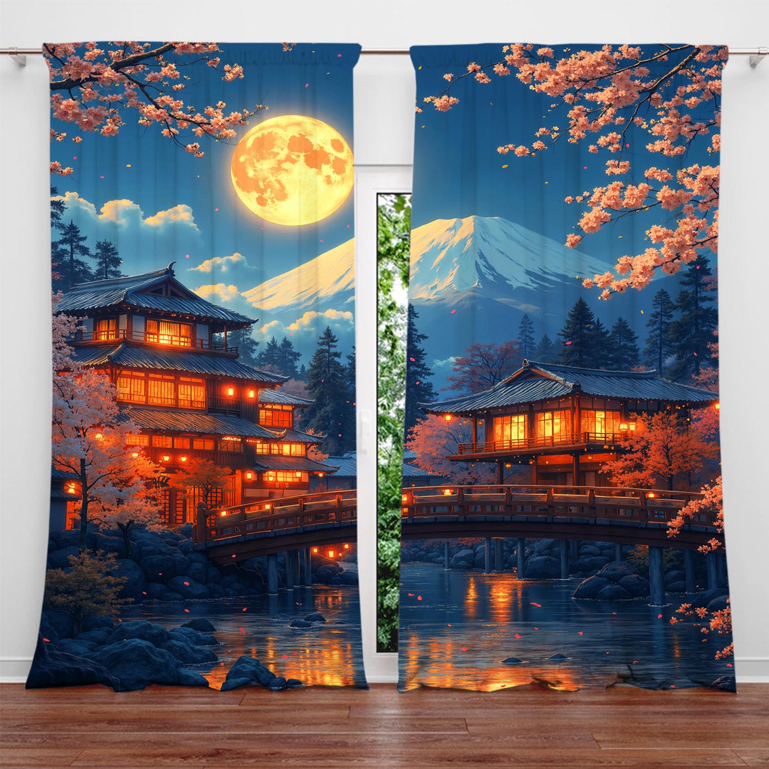 Set Of 2 Lights Mount Fuji Town Under Printed Curtains Shade Privacy Protection Suitable Decorating Various Rooms Made Polyester W100*H70(CM)-Rod Pocket&1PCS