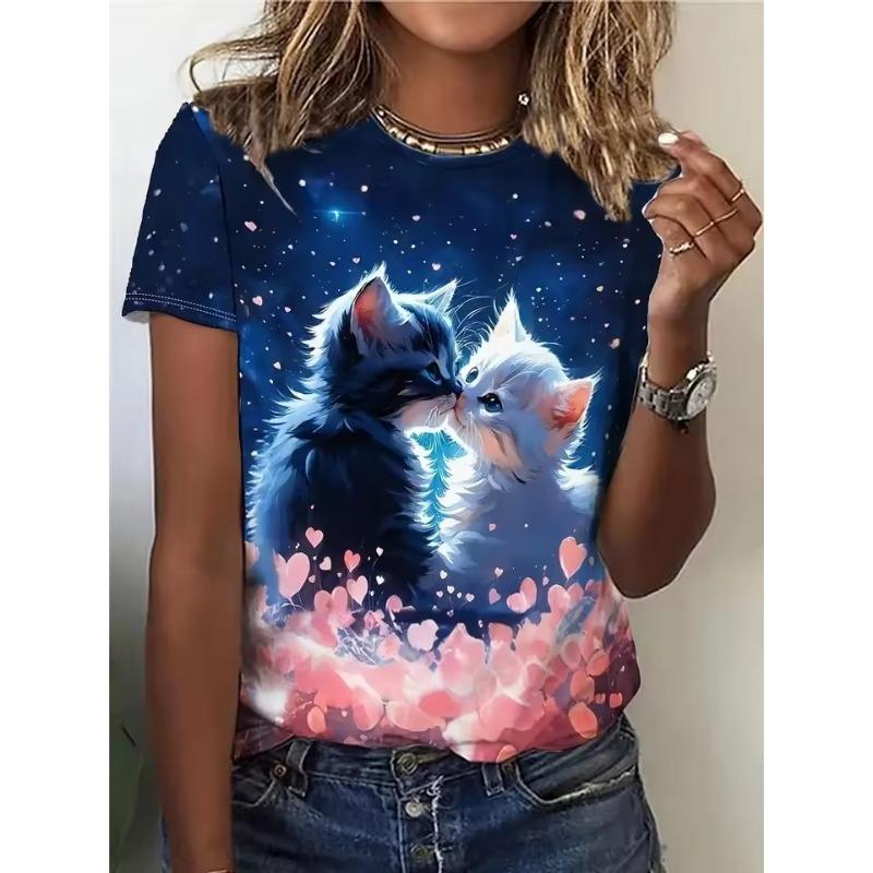 Cat Animal 3D Print T-Shirts Summer Women Round Neck Short Sleeve T Shirt Harajuku Top Y2k Casual Oversized Tees Female Clothing