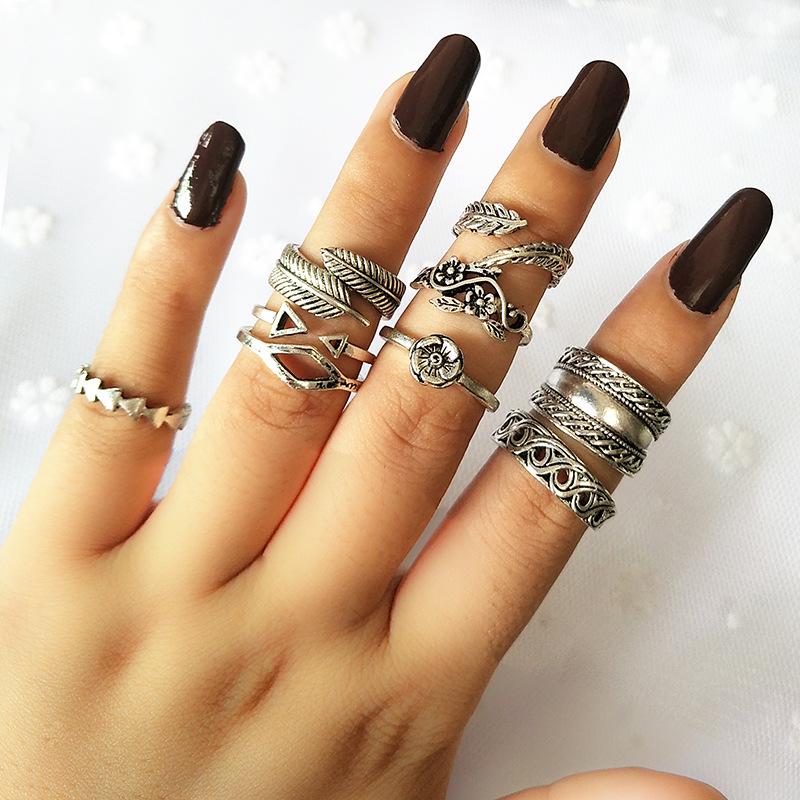Wish Bohemian Leaf Cutout 9-Piece Knuckle Ring Set for Women