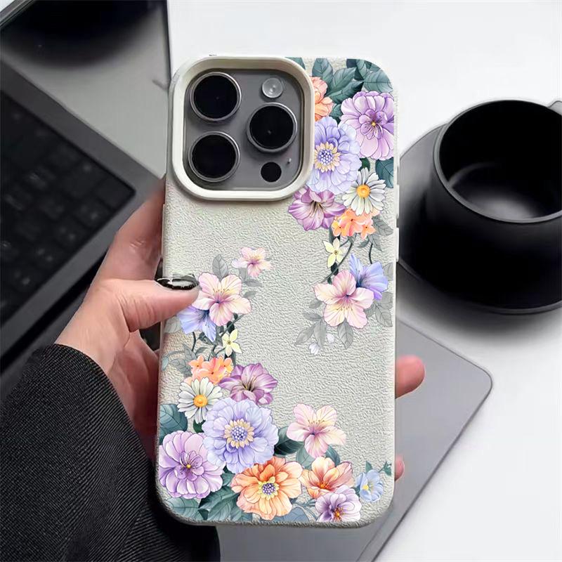 

Flower Print Soft Phone Case For iPhone 16 15 14 Pro Max 16 Plus 12 13 Pro 11 Luxury Leather Texture TPU Shockproof Cover Fundas For iPhone 16 Pro Max