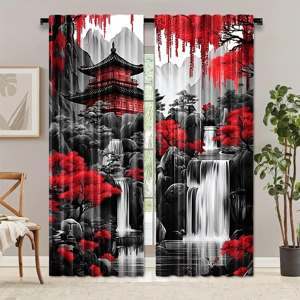 2pcs Japanese Landscape Ink Painting Polyester Curtains, Semi-Sheer Rod Pocket, Machine Washable, Decorative Panels for Bedroom,